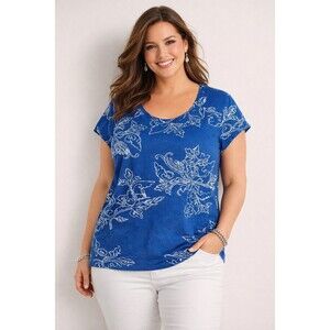 Chico's Womens 3 XL 16 Blue Floral Scroll Print Tee Top Casual Beachy Stretch